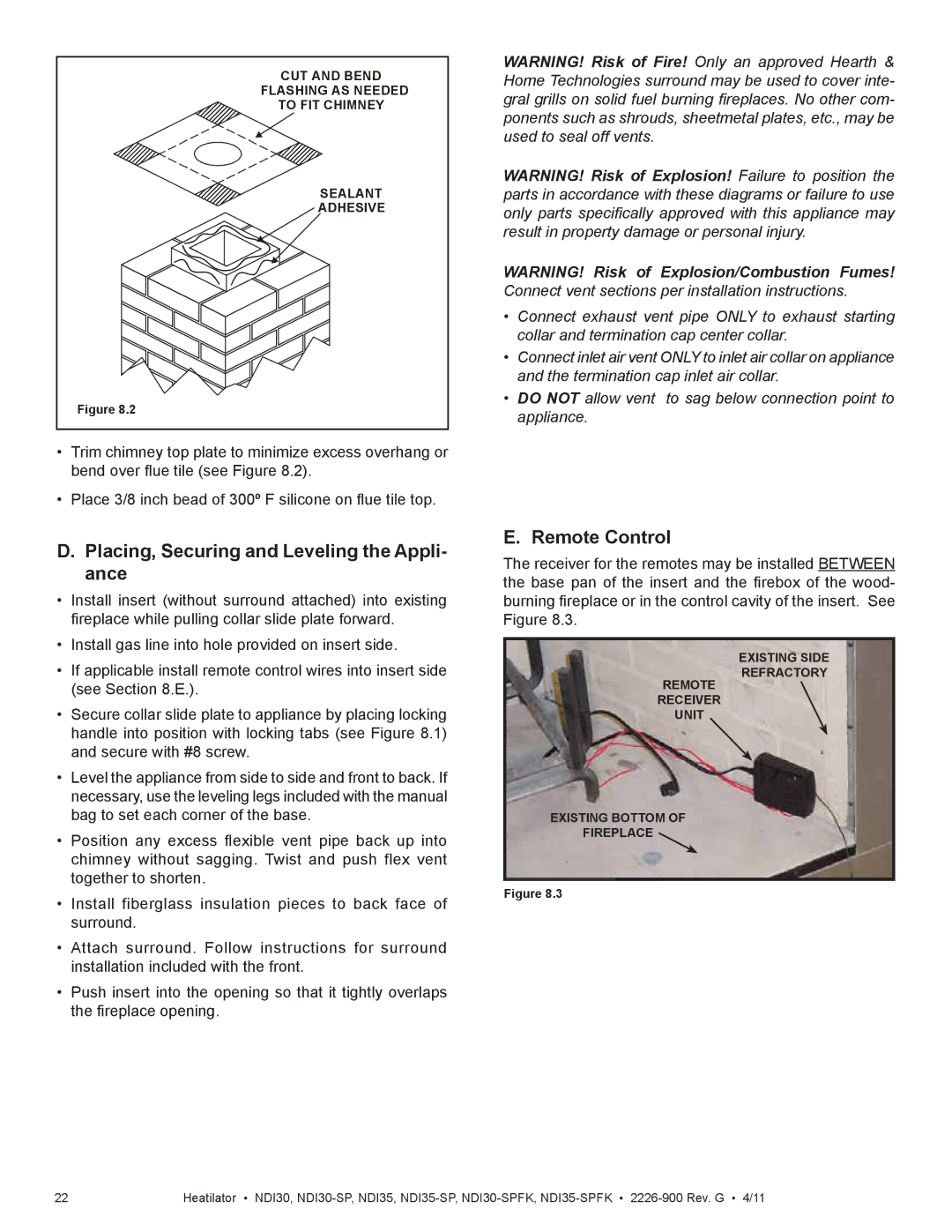 Heatiator NDI35-SPFK, NDI30-SPFK owner manual Placing, Securing and Leveling the Appli- ance, ﬁ replace opening 