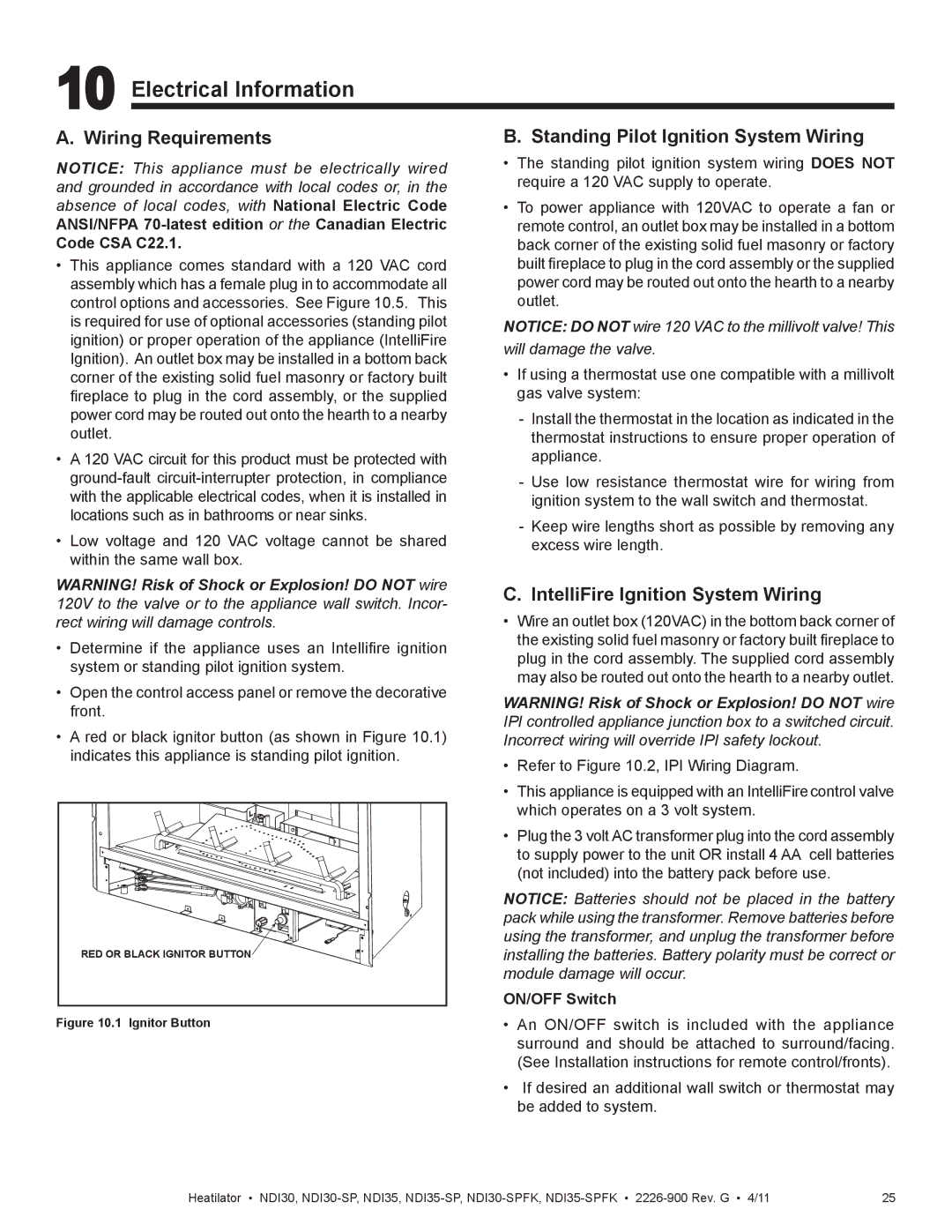 Heatiator NDI35-SPFK, NDI30-SPFK Electrical Information, Wiring Requirements, Standing Pilot Ignition System Wiring 