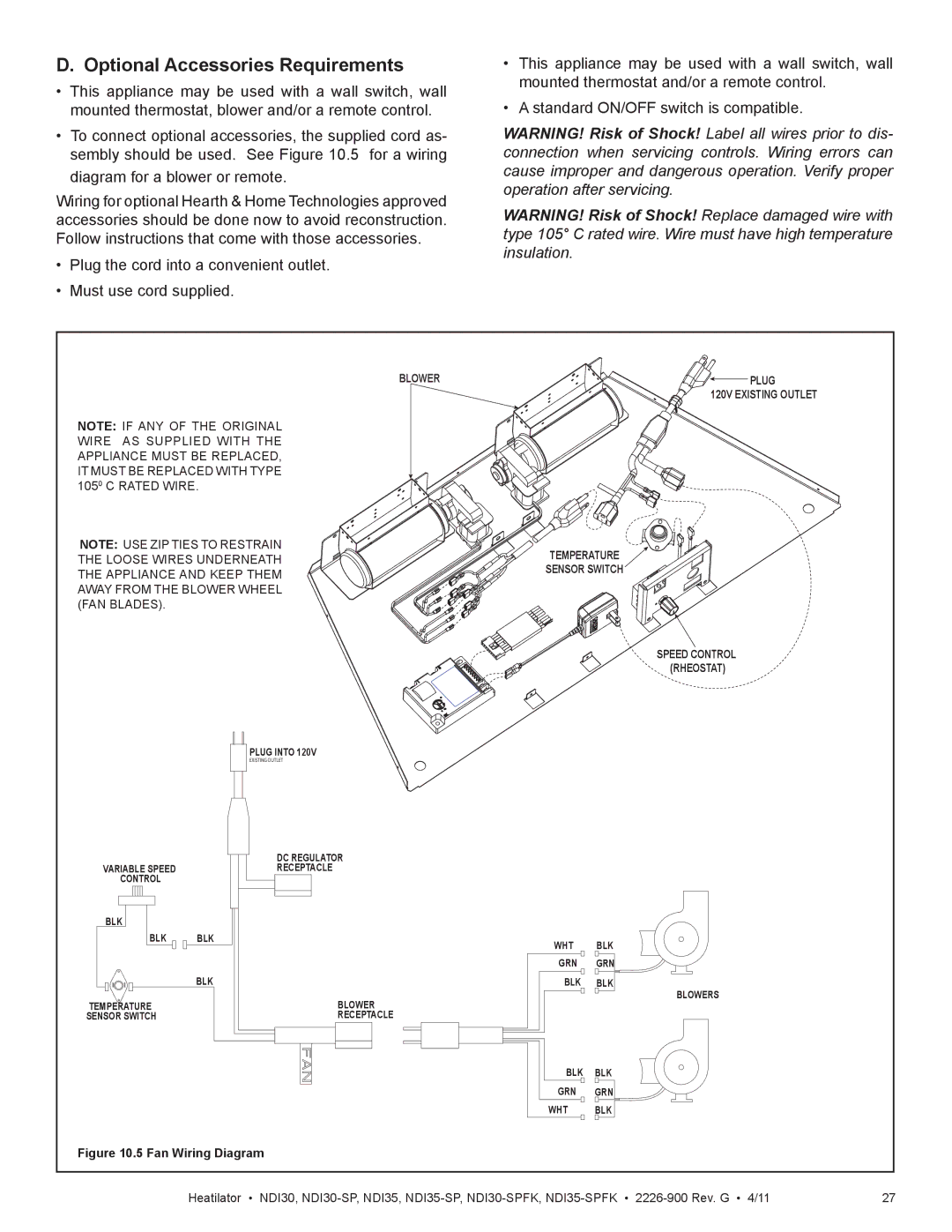 Heatiator NDI30-SP, NDI35 Optional Accessories Requirements, Blower Plug 120V Existing Outlet Temperature Sensor Switch 