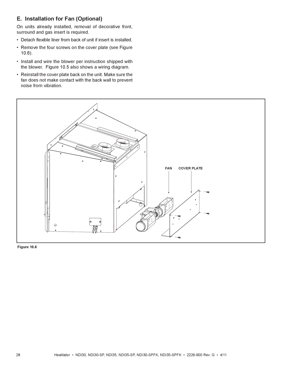 Heatiator NDI35-SPFK, NDI30-SPFK owner manual Installation for Fan Optional 