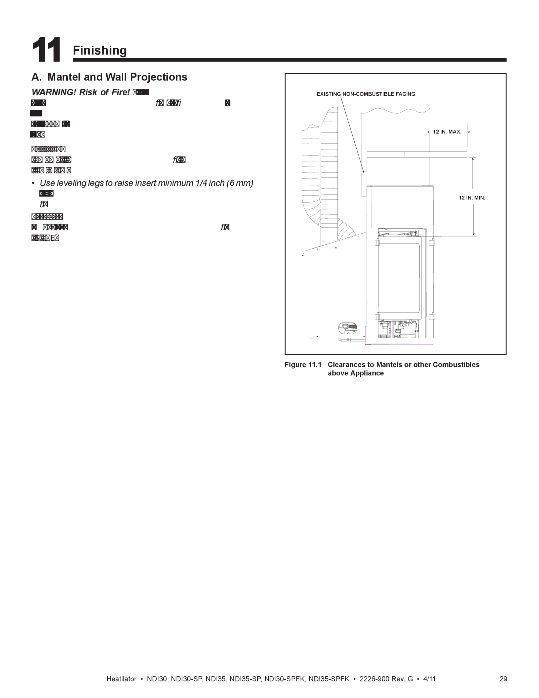 Heatiator NDI35-SPFK, NDI30-SPFK owner manual Finishing, Clearances to Mantels or other Combustibles above Appliance 