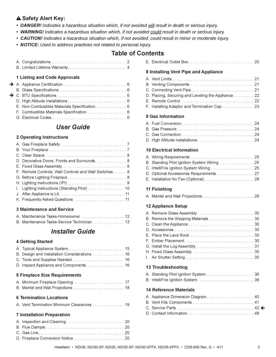 Heatiator NDI35-SPFK, NDI30-SPFK owner manual Table of Contents, User Guide 