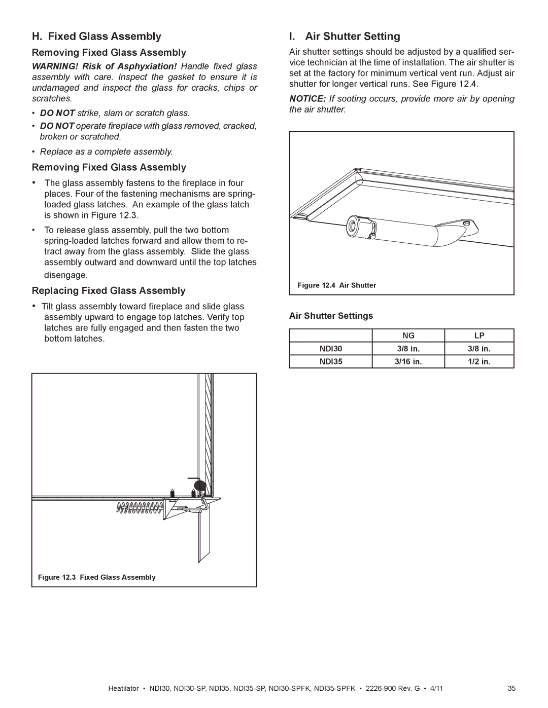 Heatiator NDI35-SPFK, NDI30-SPFK owner manual Air Shutter Settings, NDI30 NDI35 