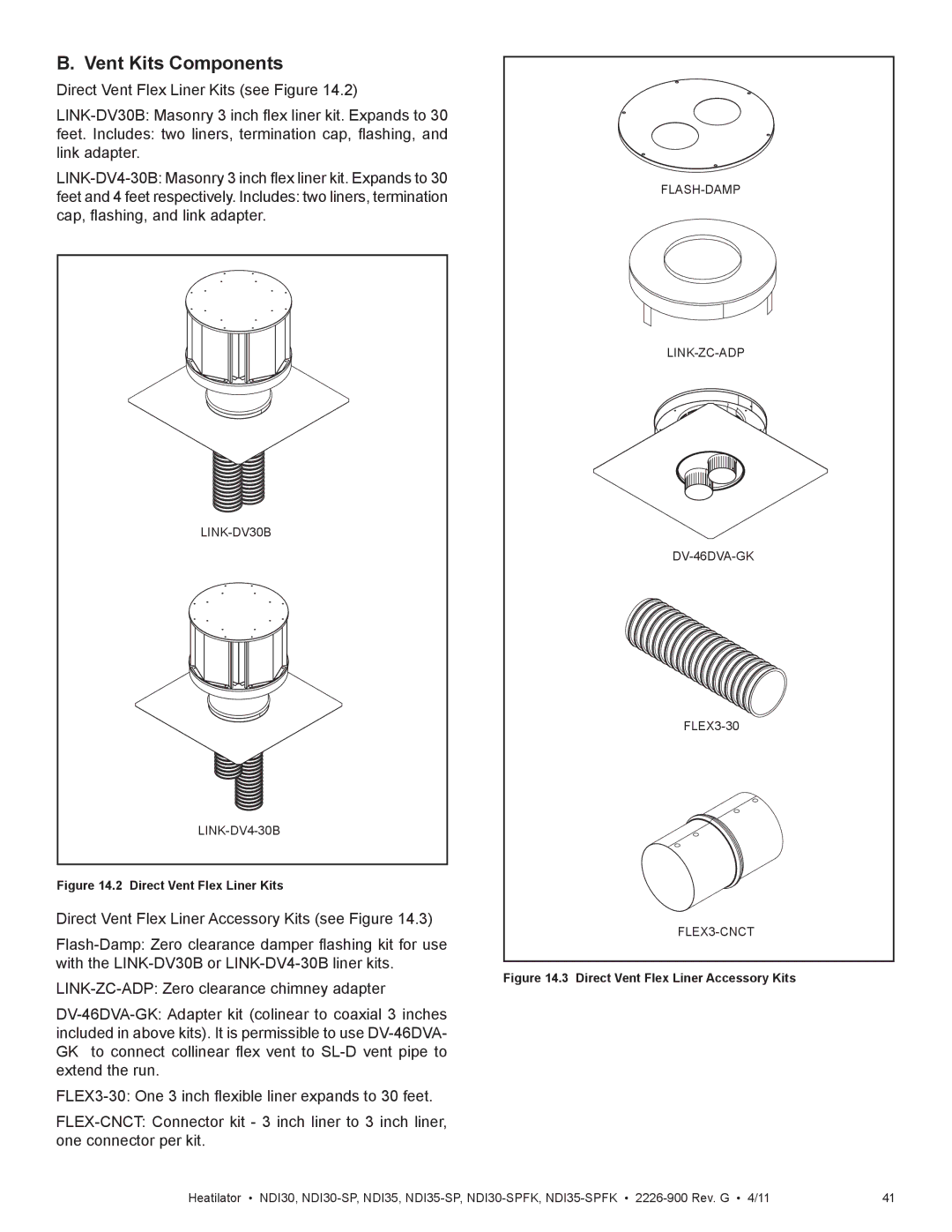 Heatiator NDI35-SPFK, NDI30-SPFK owner manual Vent Kits Components, Direct Vent Flex Liner Kits 