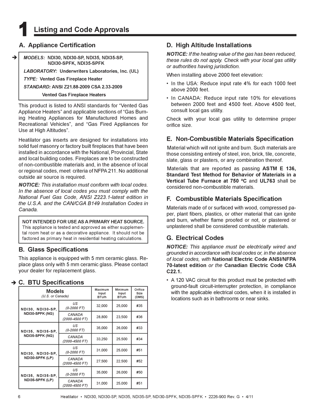 Heatiator NDI35-SPFK, NDI30-SPFK owner manual Listing and Code Approvals 