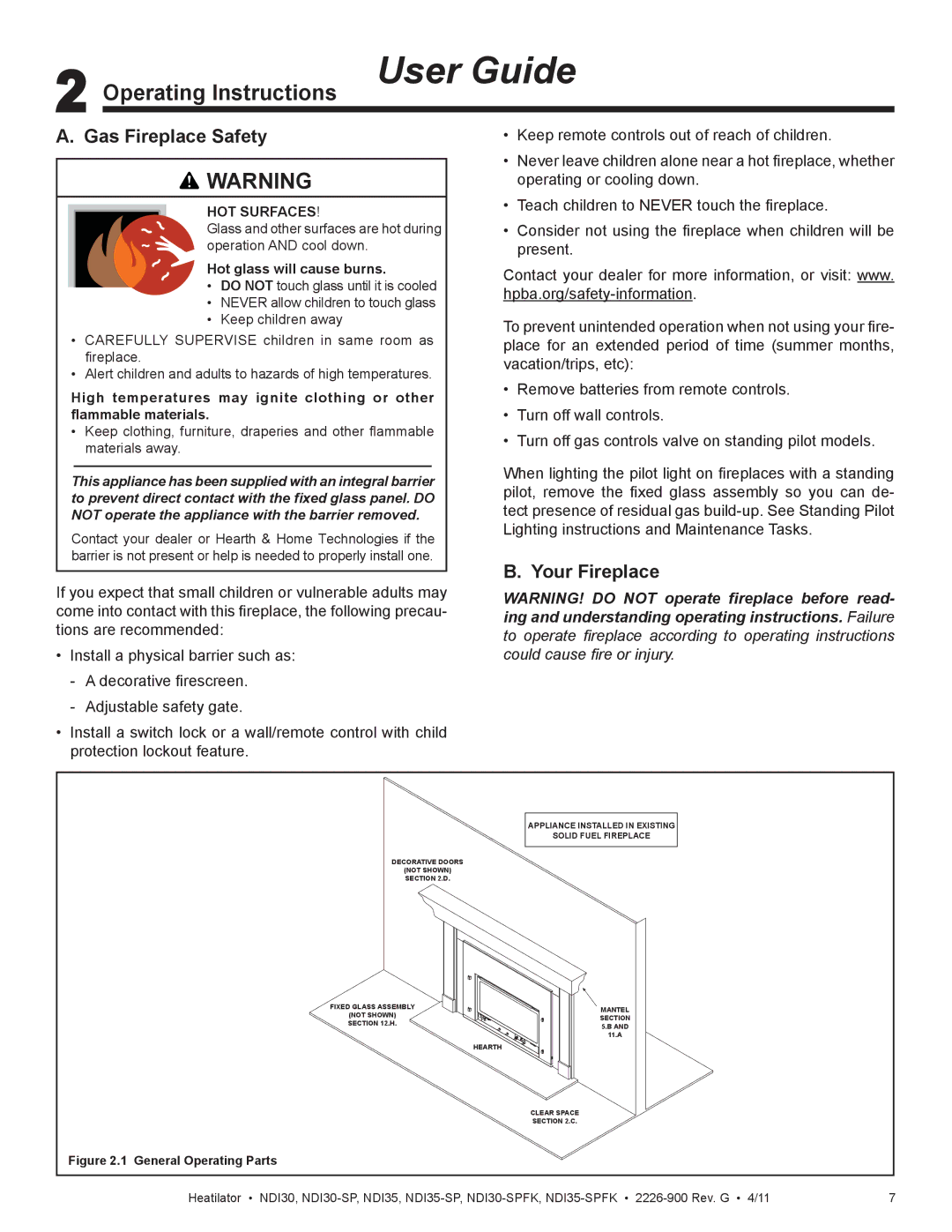 Heatiator NDI35-SPFK, NDI30-SPFK owner manual Operating Instructions User Guide, Gas Fireplace Safety, Your Fireplace 