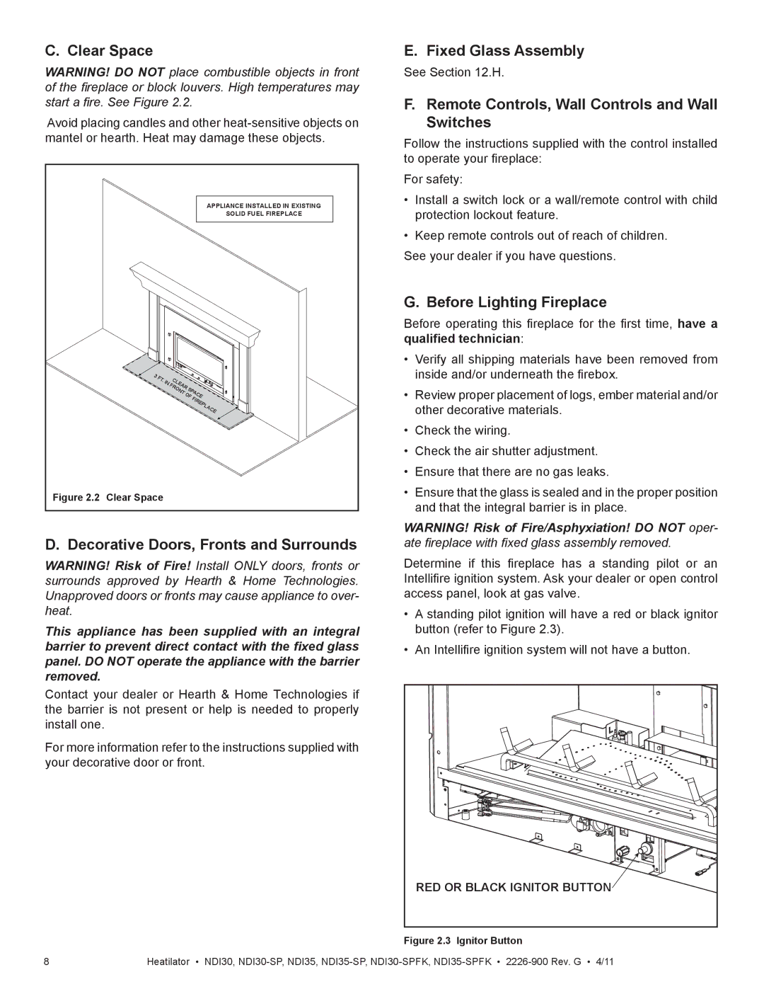 Heatiator NDI30-SPFK, NDI35-SPFK Clear Space, Fixed Glass Assembly, Remote Controls, Wall Controls and Wall Switches 