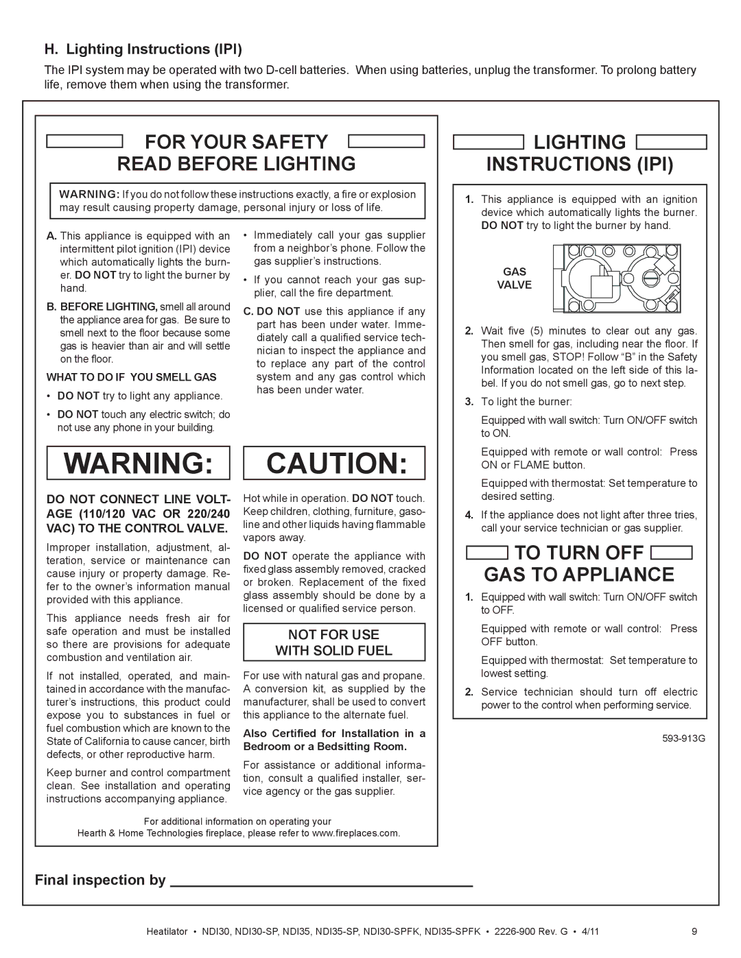 Heatiator NDI30-SP, NDI35-SPFK Lighting Instructions IPI, Final inspection by, What to do if YOU Smell GAS, GAS Valve 