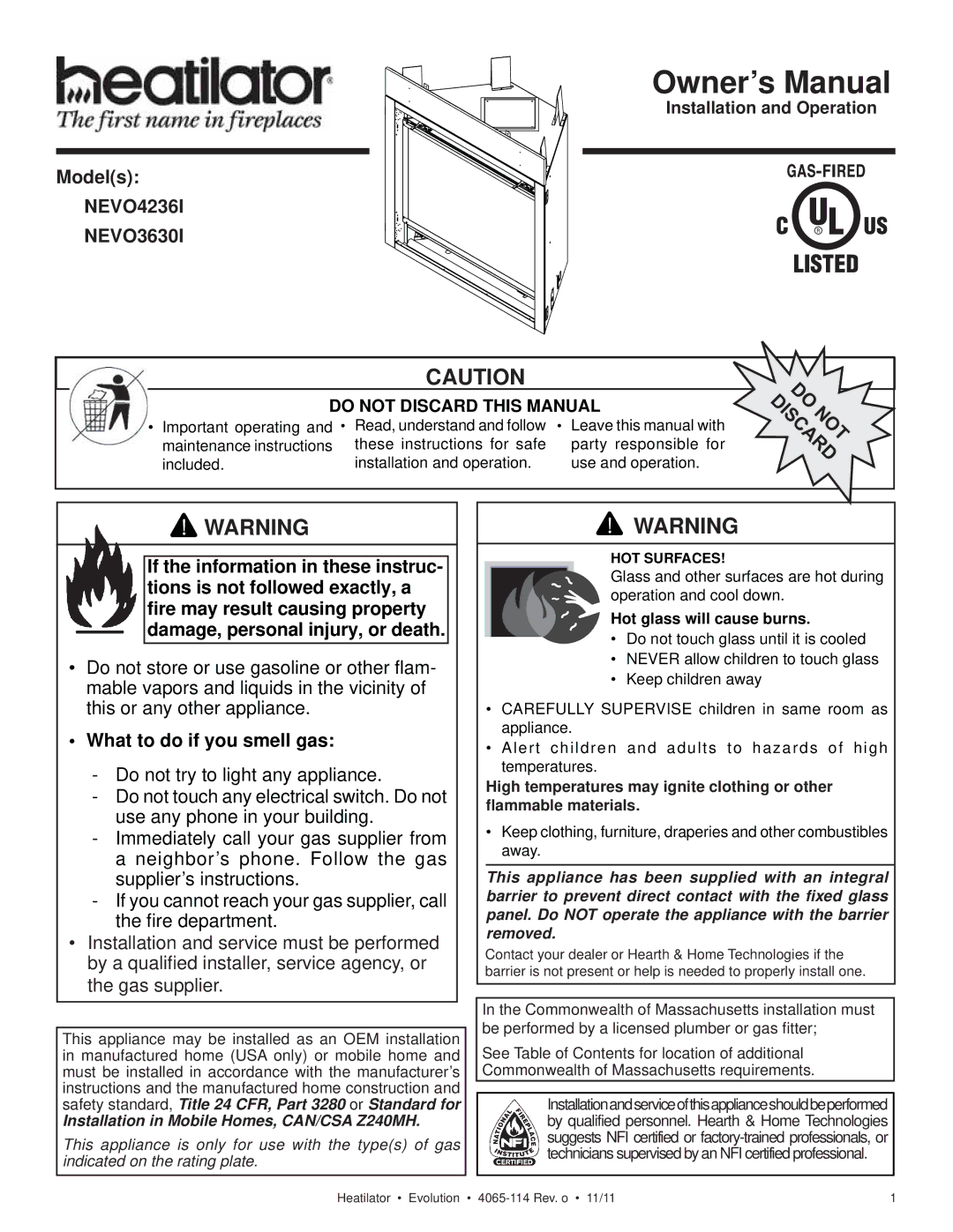 Heatiator NEVO4236I NEVO3630I owner manual Models, Installation and Operation 