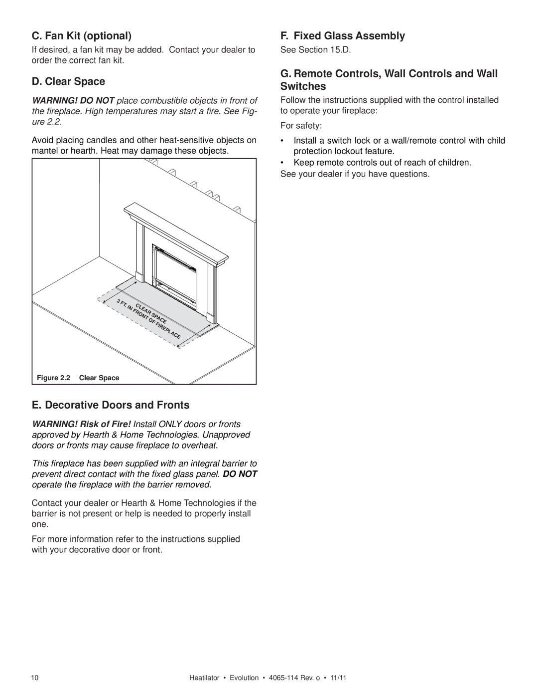 Heatiator NEVO4236I NEVO3630I owner manual Fan Kit optional, Clear Space, Decorative Doors and Fronts, Fixed Glass Assembly 