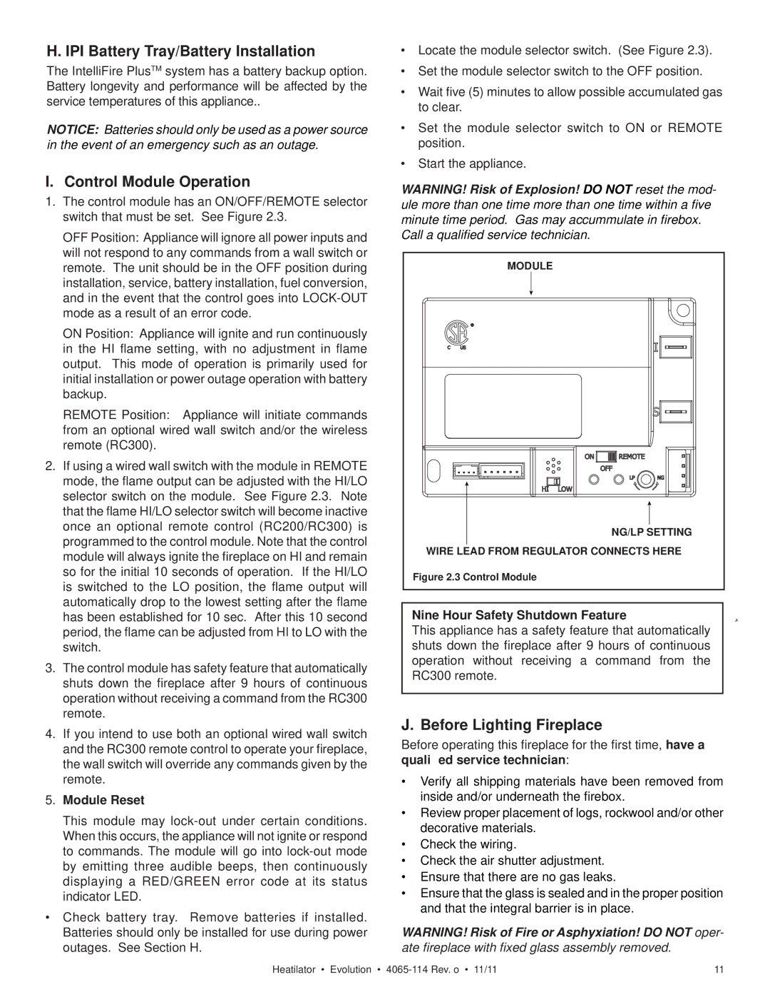 Heatiator NEVO4236I NEVO3630I IPI Battery Tray/Battery Installation, Control Module Operation, Before Lighting Fireplace 