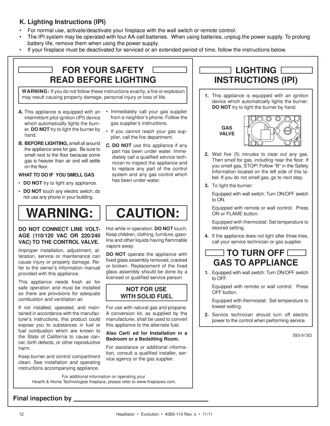 Heatiator NEVO4236I NEVO3630I owner manual Lighting Instructions IPI, Final inspection by 