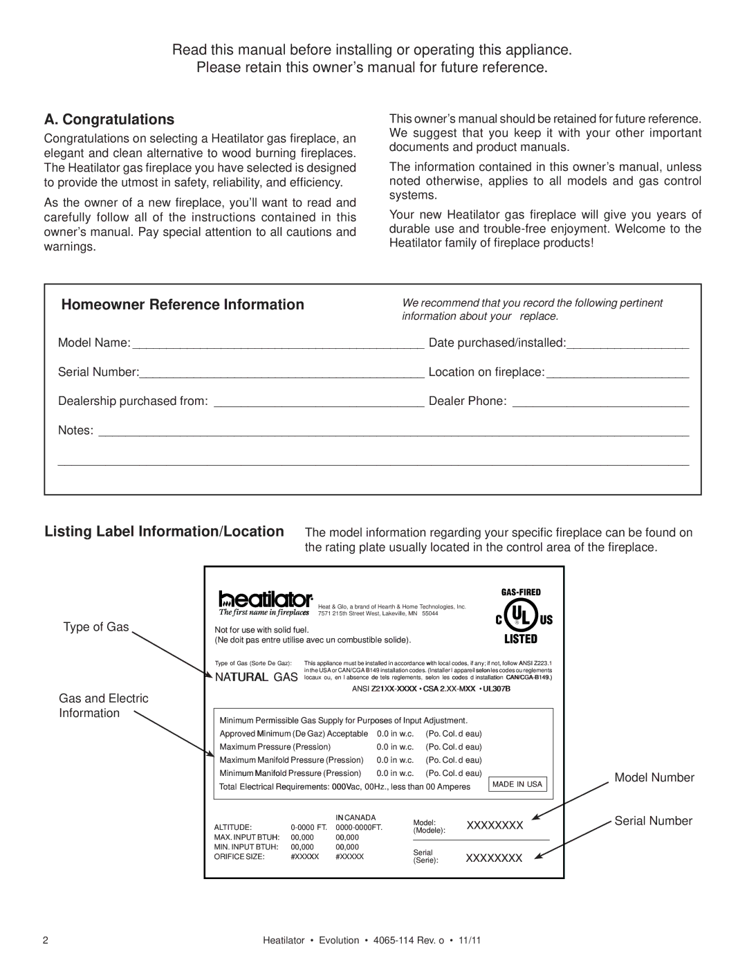 Heatiator NEVO4236I NEVO3630I owner manual Congratulations, Homeowner Reference Information 