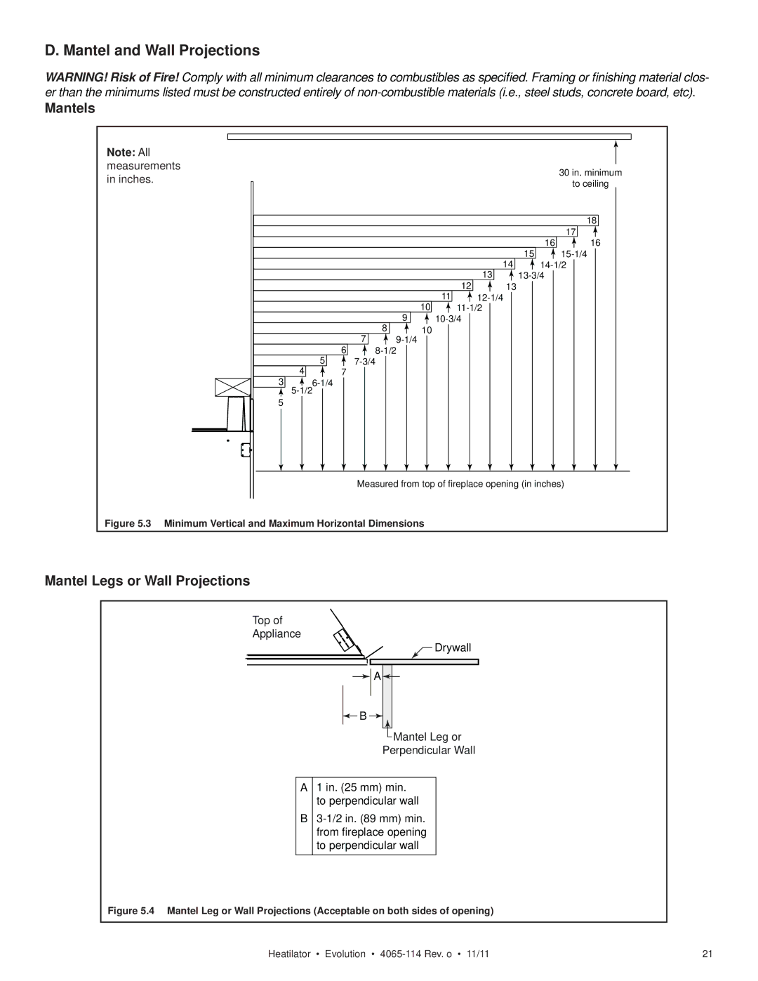 Heatiator NEVO4236I NEVO3630I owner manual Mantel and Wall Projections, Mantels, Mantel Legs or Wall Projections 