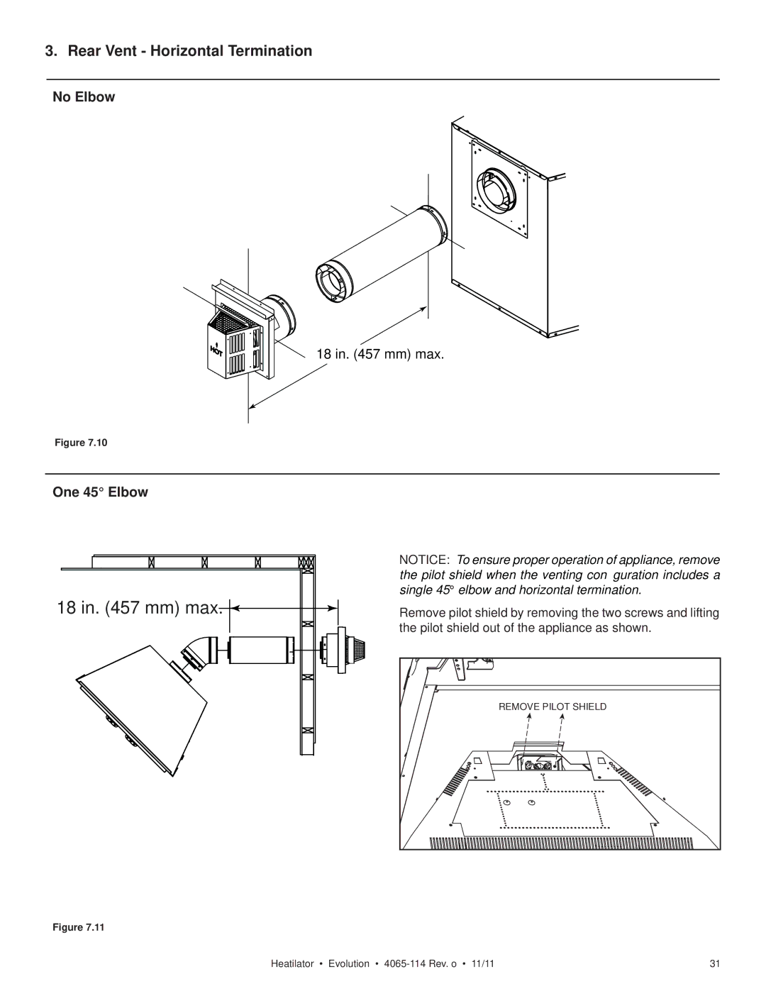 Heatiator NEVO4236I NEVO3630I owner manual Rear Vent Horizontal Termination, One 45 Elbow 