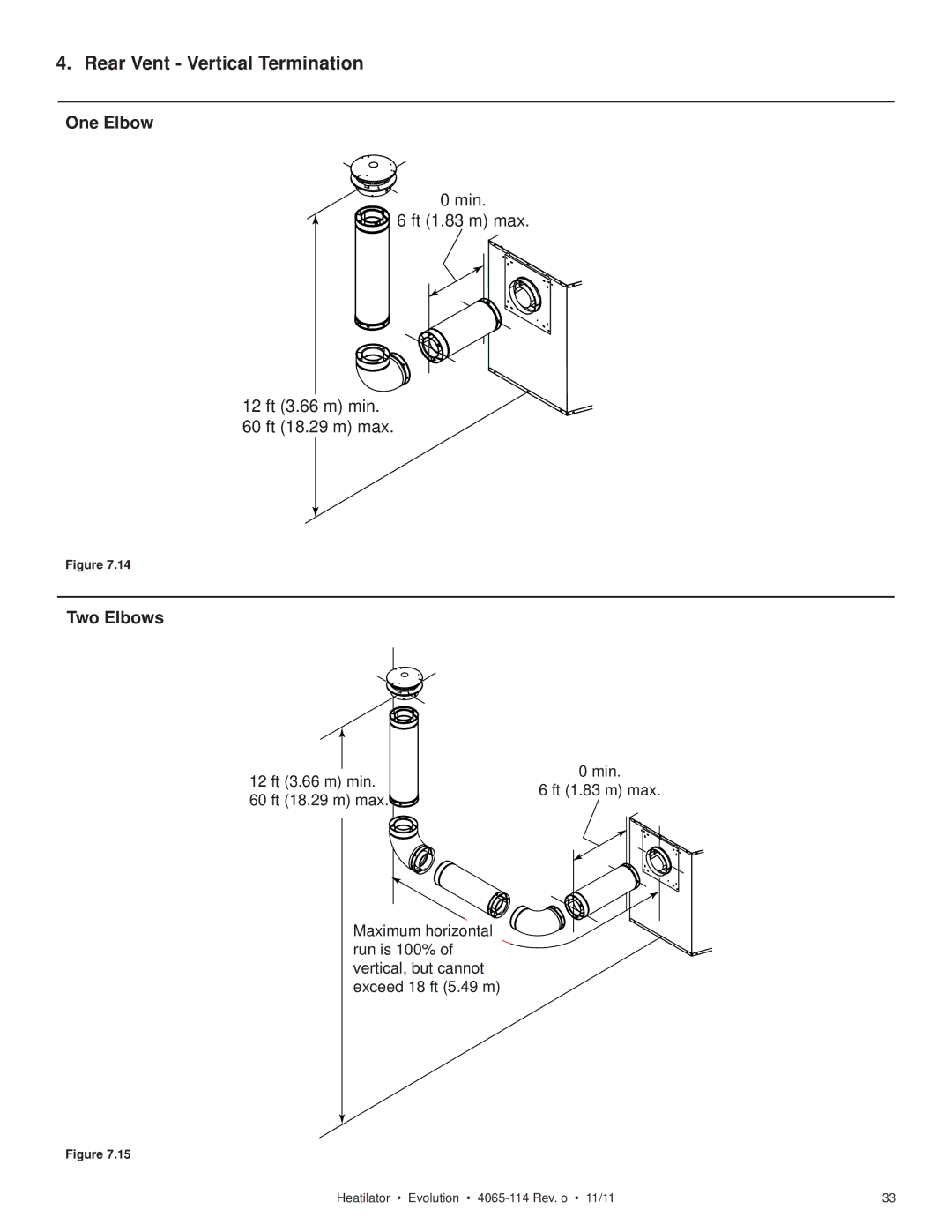 Heatiator NEVO4236I NEVO3630I owner manual Rear Vent Vertical Termination, One Elbow 