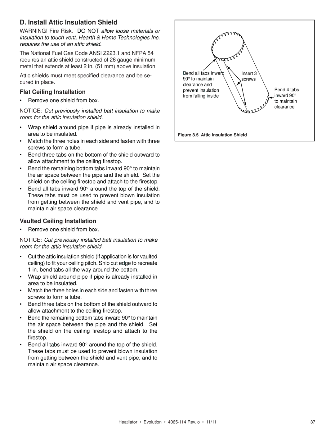 Heatiator NEVO4236I NEVO3630I Install Attic Insulation Shield, Flat Ceiling Installation, Vaulted Ceiling Installation 