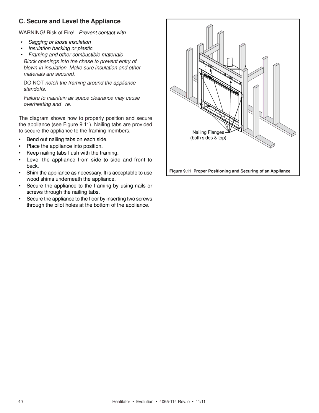 Heatiator NEVO4236I NEVO3630I owner manual Secure and Level the Appliance, Proper Positioning and Securing of an Appliance 