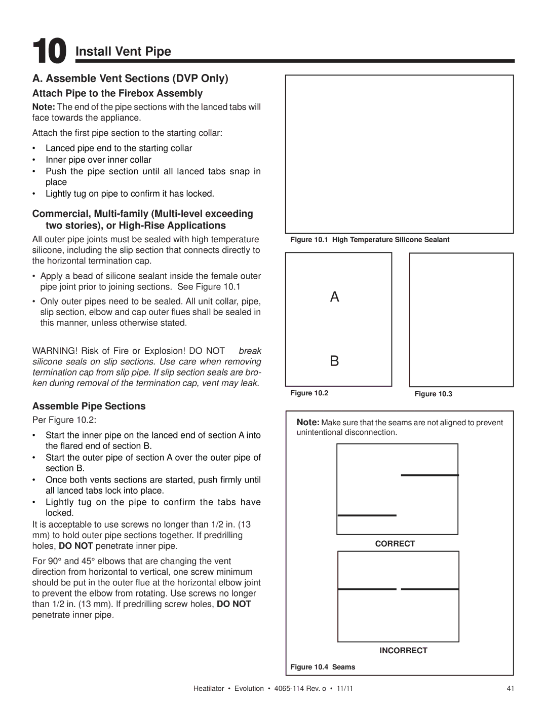 Heatiator NEVO4236I NEVO3630I Install Vent Pipe, Assemble Vent Sections DVP Only, Attach Pipe to the Firebox Assembly 