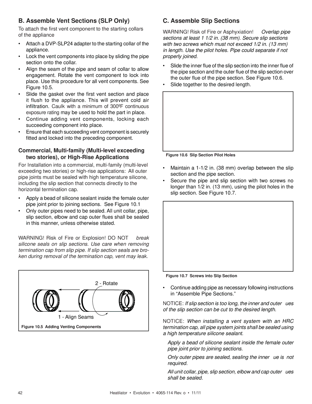 Heatiator NEVO4236I NEVO3630I owner manual Assemble Vent Sections SLP Only, Assemble Slip Sections 