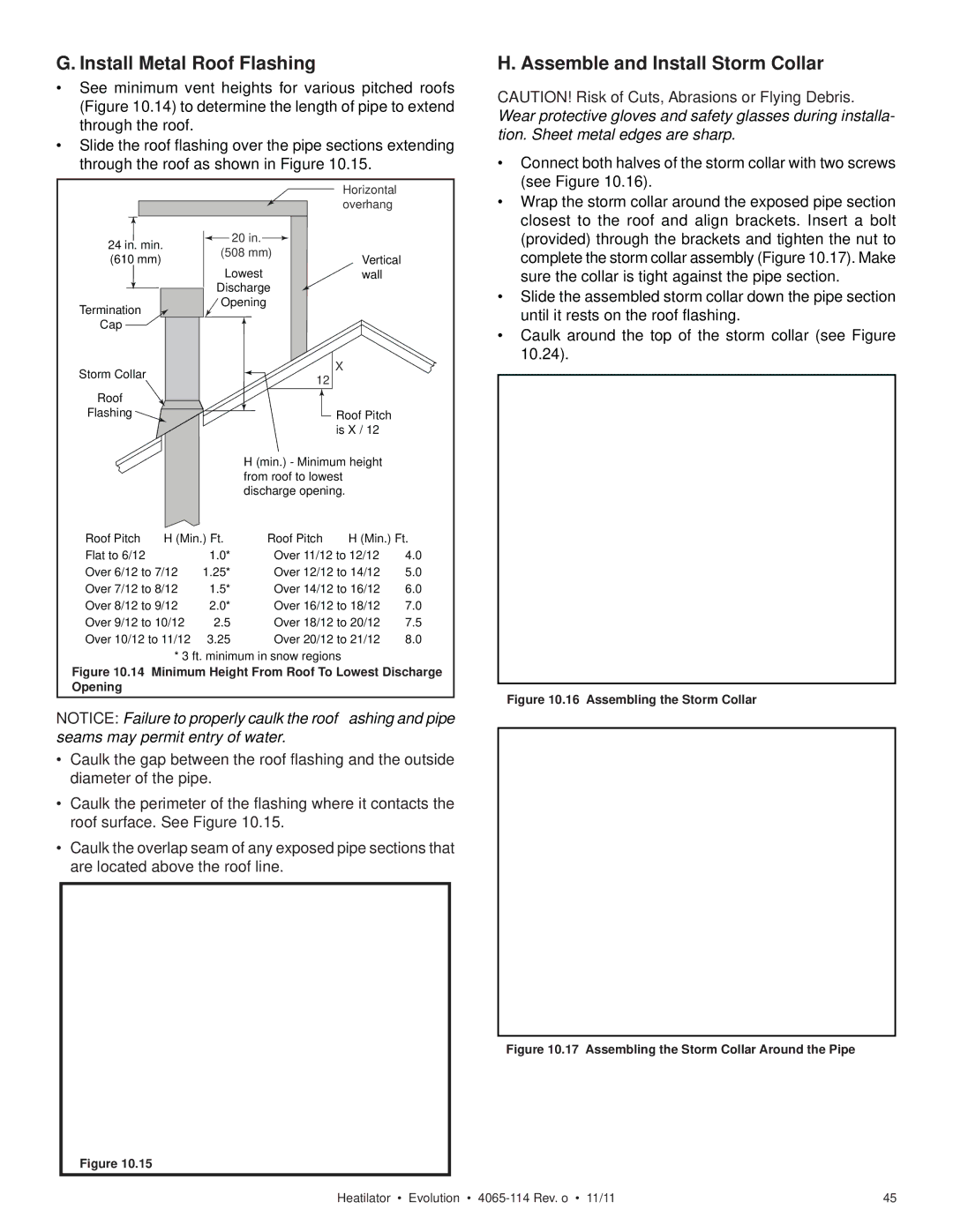 Heatiator NEVO4236I NEVO3630I owner manual Install Metal Roof Flashing, Assemble and Install Storm Collar 