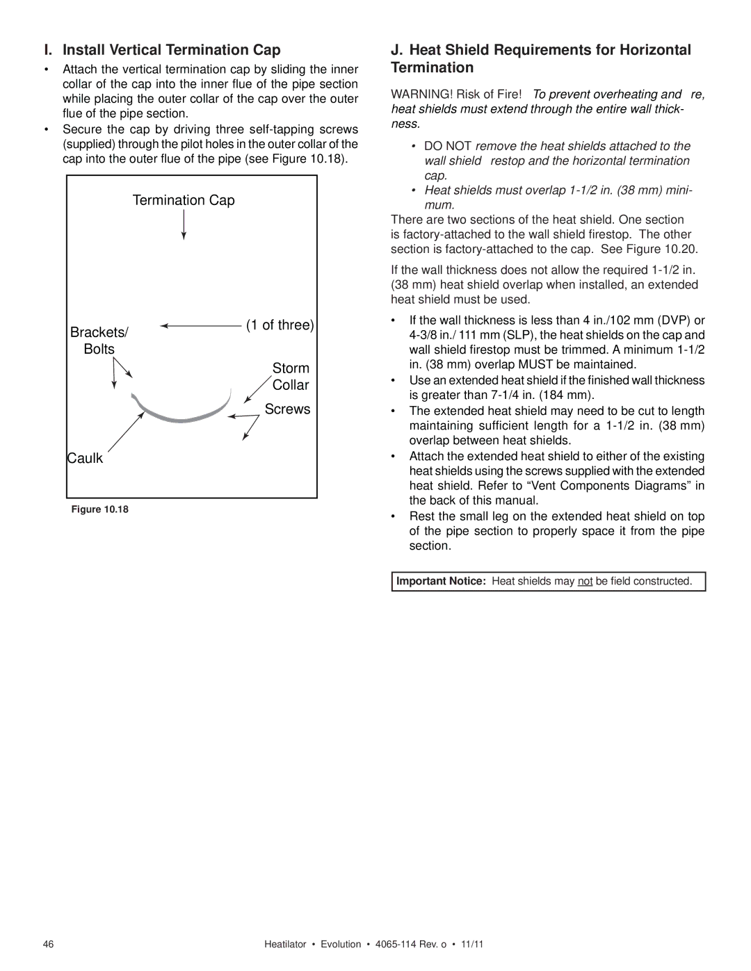 Heatiator NEVO4236I NEVO3630I Install Vertical Termination Cap, Heat Shield Requirements for Horizontal Termination 