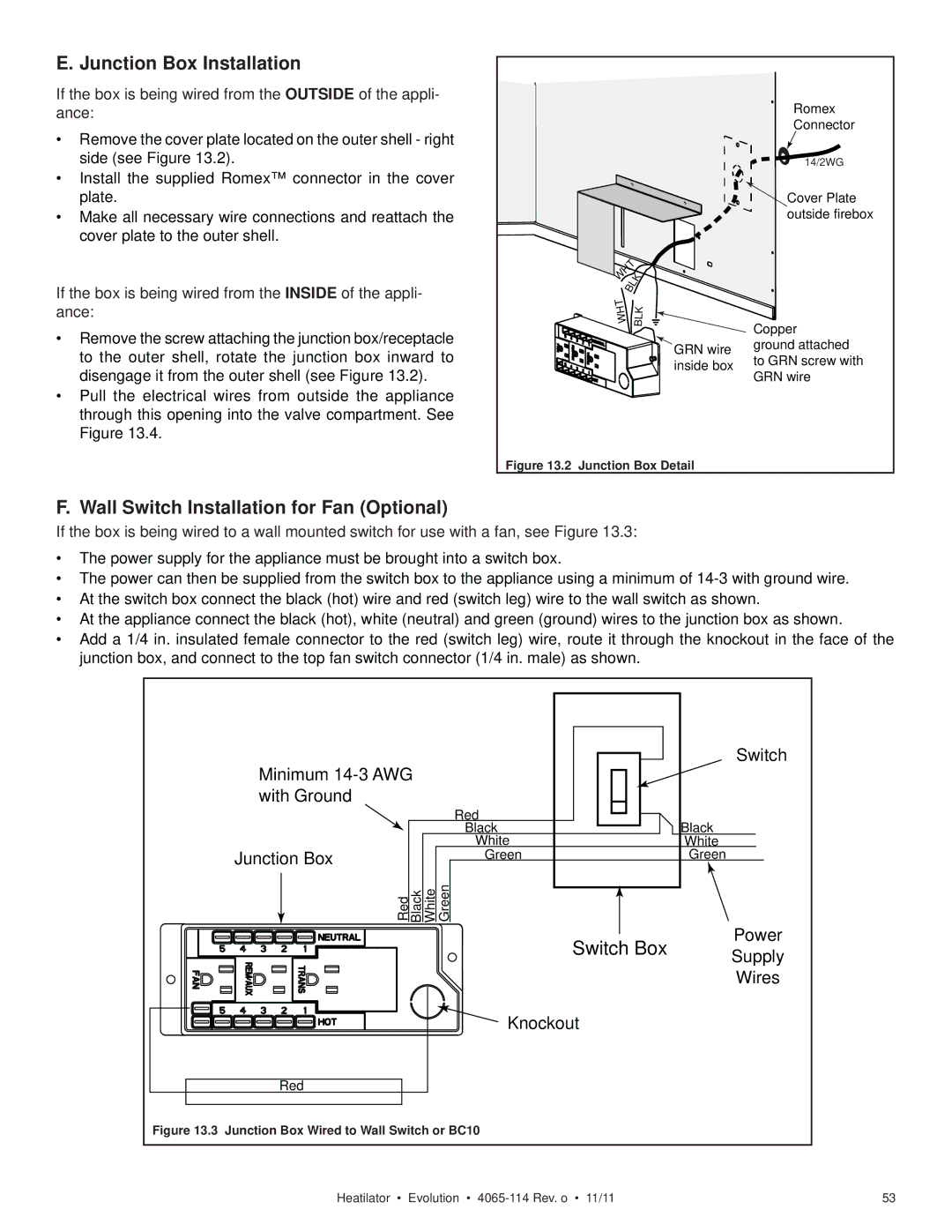 Heatiator NEVO4236I NEVO3630I owner manual Junction Box Installation, Wall Switch Installation for Fan Optional 