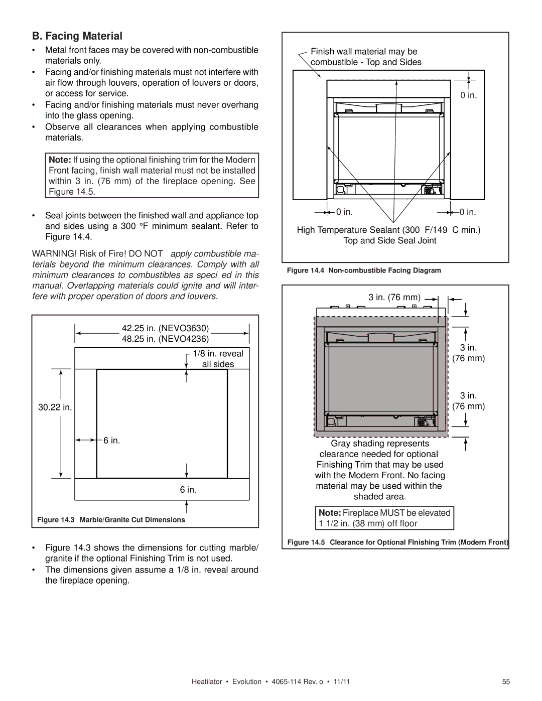 Heatiator NEVO4236I NEVO3630I owner manual Facing Material, Marble/Granite Cut Dimensions 