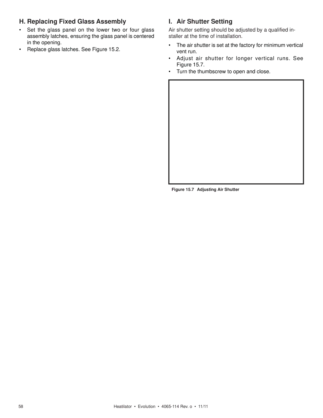 Heatiator NEVO4236I NEVO3630I owner manual Replacing Fixed Glass Assembly, Air Shutter Setting 