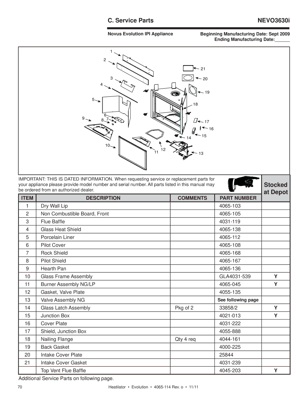 Heatiator NEVO4236I NEVO3630I owner manual Service Parts NEVO3630i, Stocked at Depot 