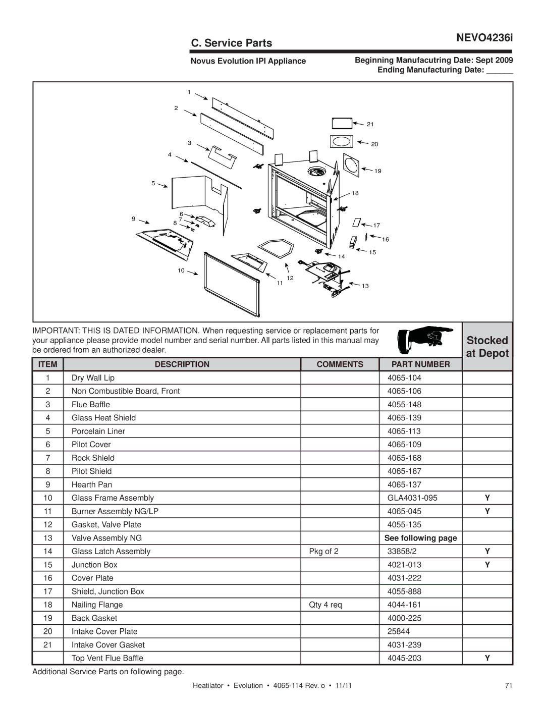 Heatiator NEVO4236I NEVO3630I owner manual Service Parts NEVO4236i 