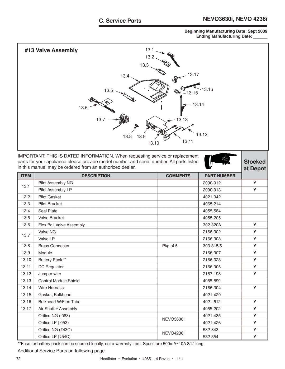 Heatiator NEVO4236I NEVO3630I owner manual Service Parts NEVO3630i, Nevo, #13 Valve Assembly, Stocked, At Depot 