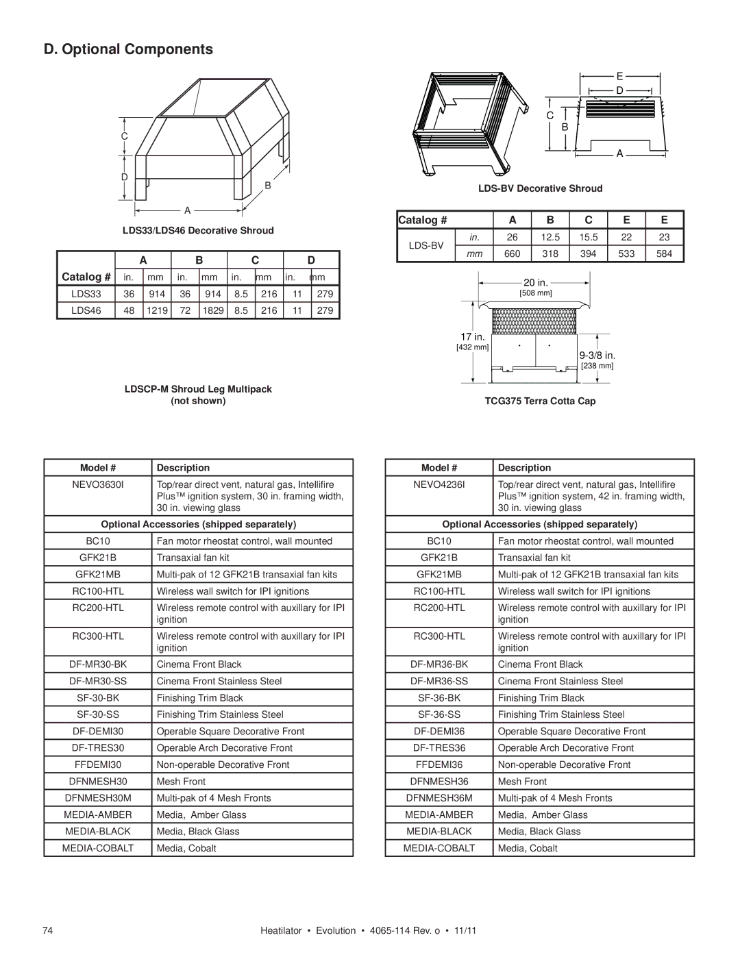 Heatiator NEVO4236I NEVO3630I owner manual Optional Components, Catalog # 