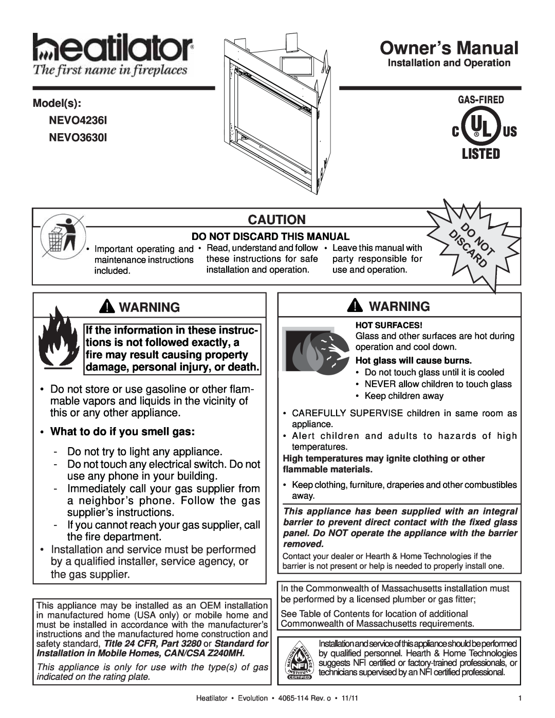 Heatiator owner manual Models NEVO4236I NEVO3630I, •What to do if you smell gas, Owner’s Manual 