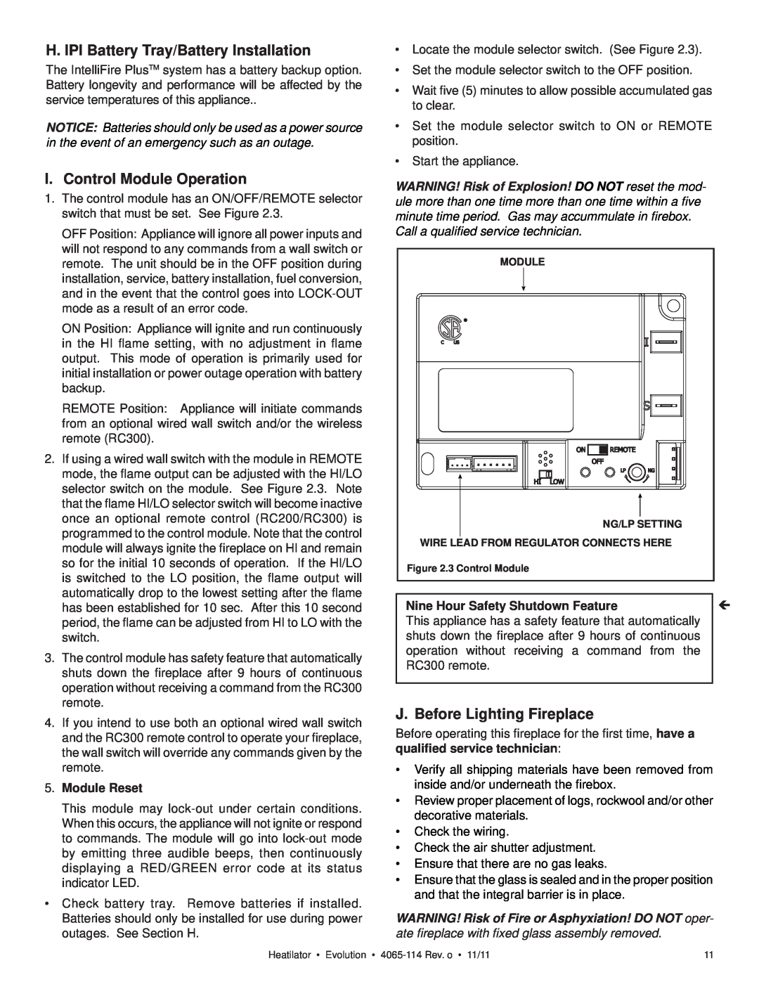 Heatiator NEVO4236I NEVO3630I H. IPI Battery Tray/Battery Installation, I. Control Module Operation, Module Reset 