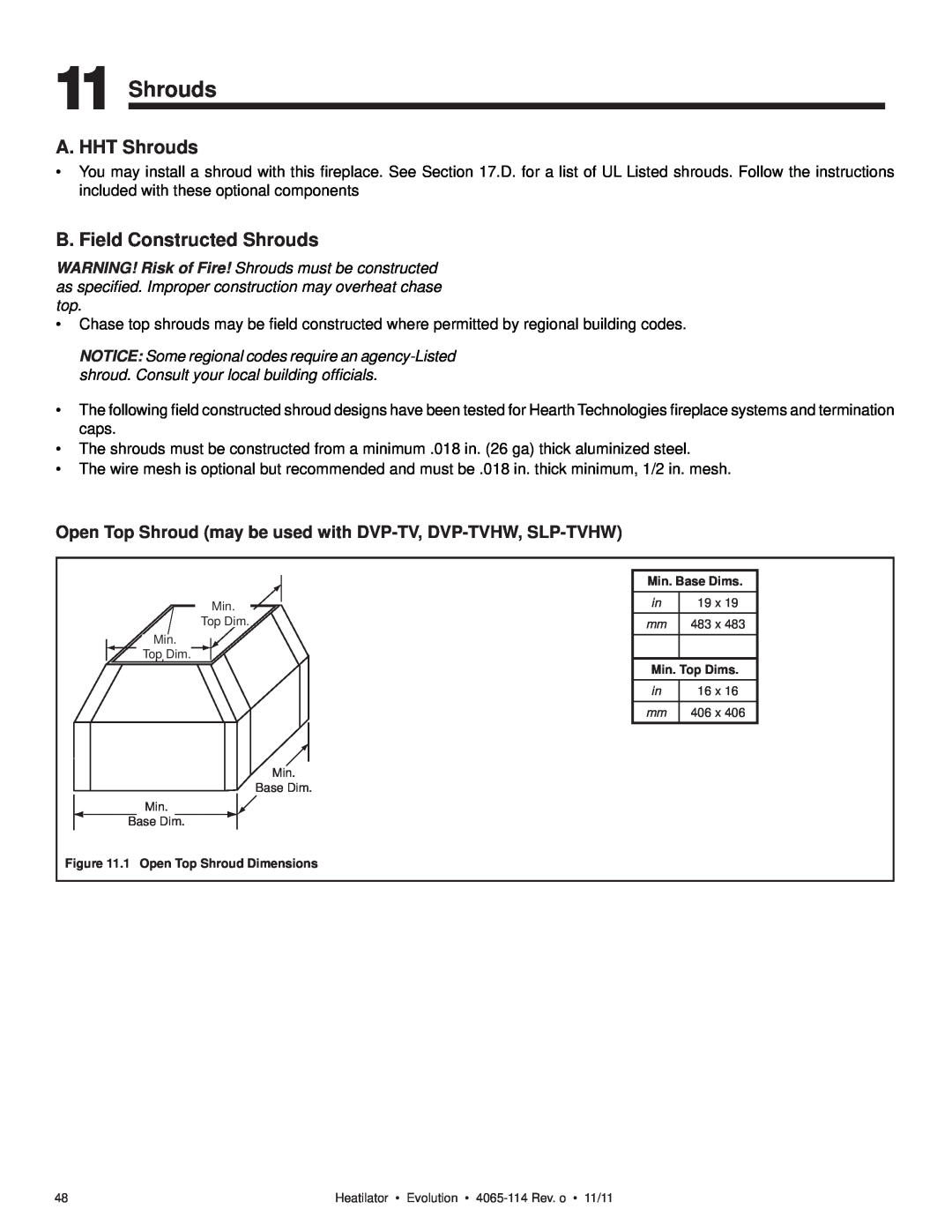 Heatiator NEVO4236I NEVO3630I owner manual A. HHT Shrouds, B. Field Constructed Shrouds 