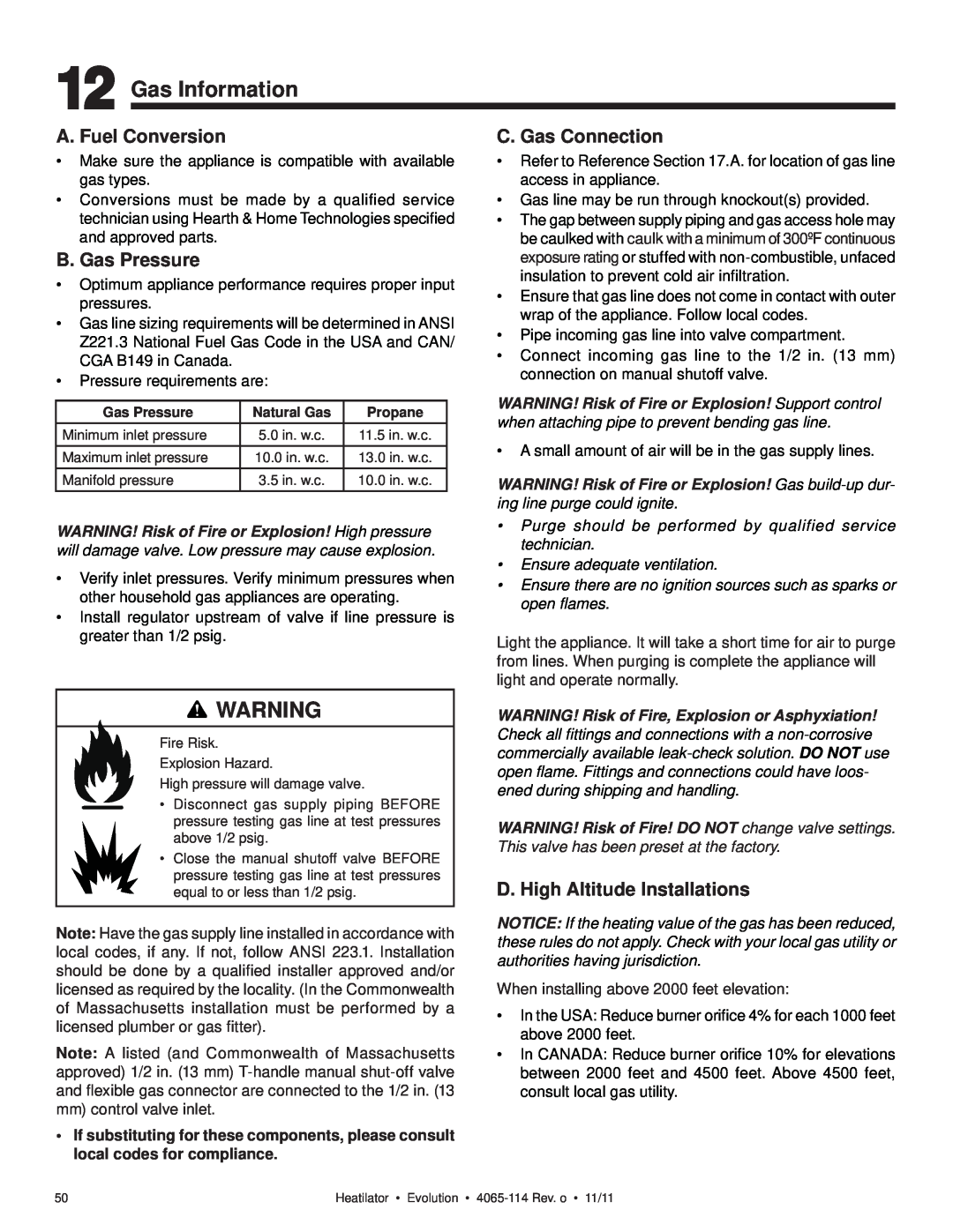 Heatiator NEVO4236I NEVO3630I owner manual Gas Information, A. Fuel Conversion, B. Gas Pressure, C. Gas Connection 