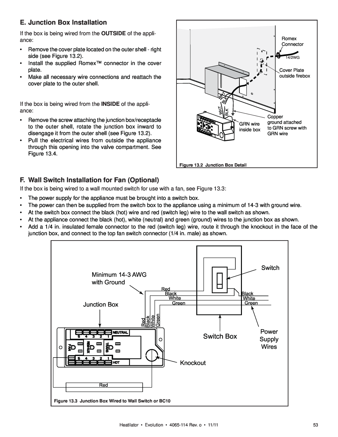 Heatiator NEVO4236I NEVO3630I E. Junction Box Installation, F. Wall Switch Installation for Fan Optional, Minimum 14-3AWG 