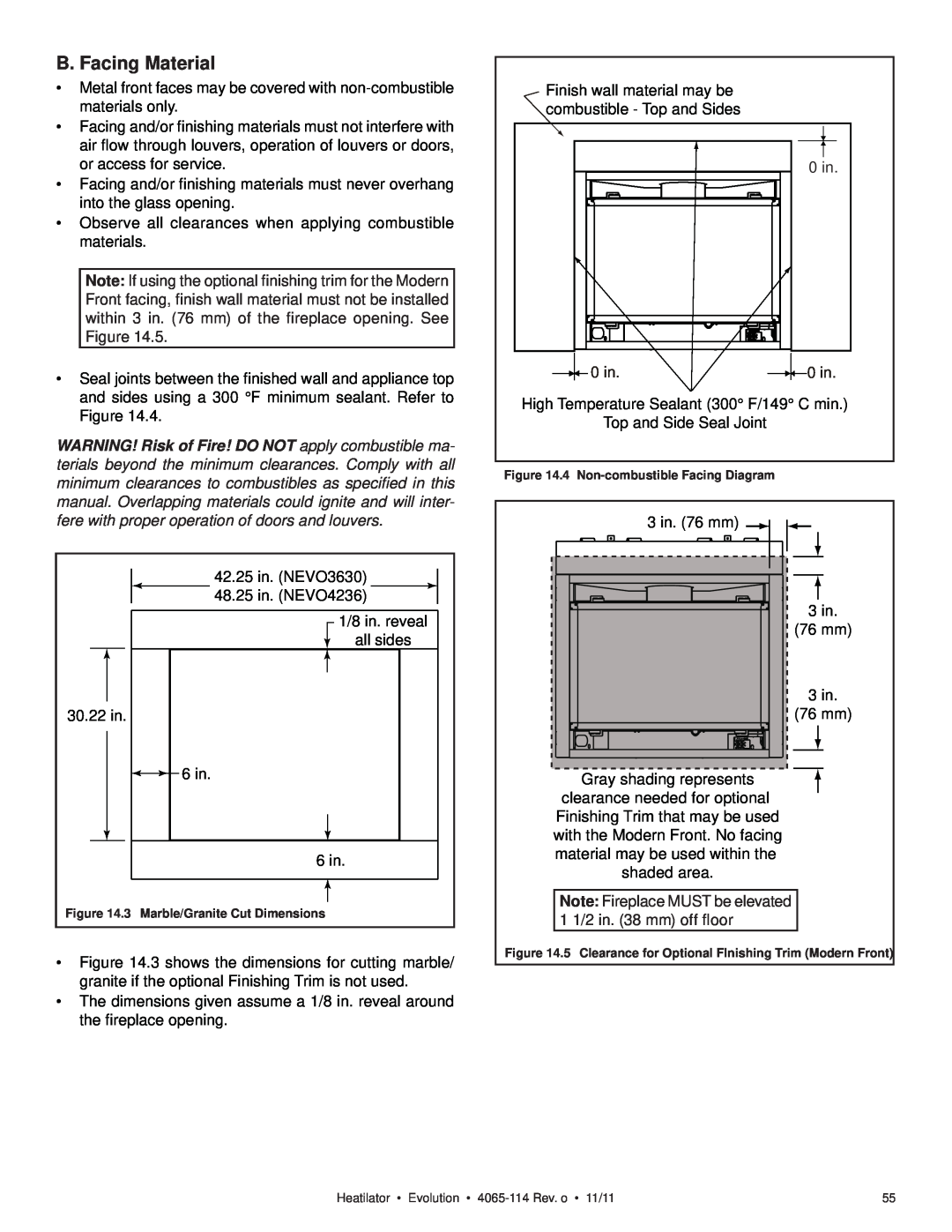 Heatiator NEVO4236I NEVO3630I owner manual B. Facing Material, 0 in 