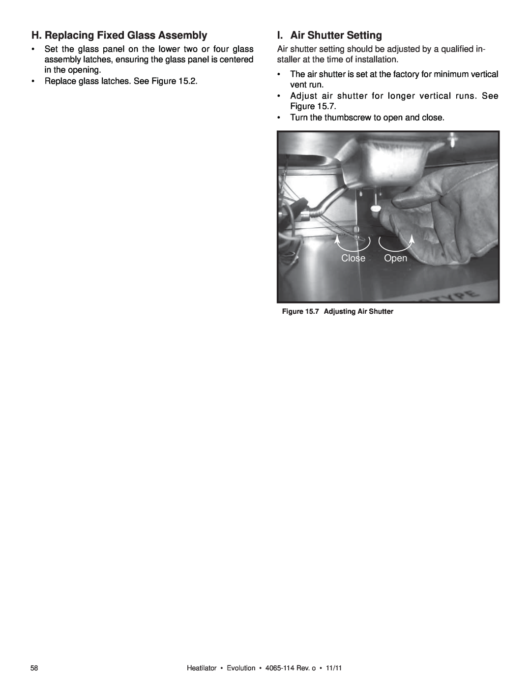 Heatiator NEVO4236I NEVO3630I owner manual H. Replacing Fixed Glass Assembly, I. Air Shutter Setting, Close Open 