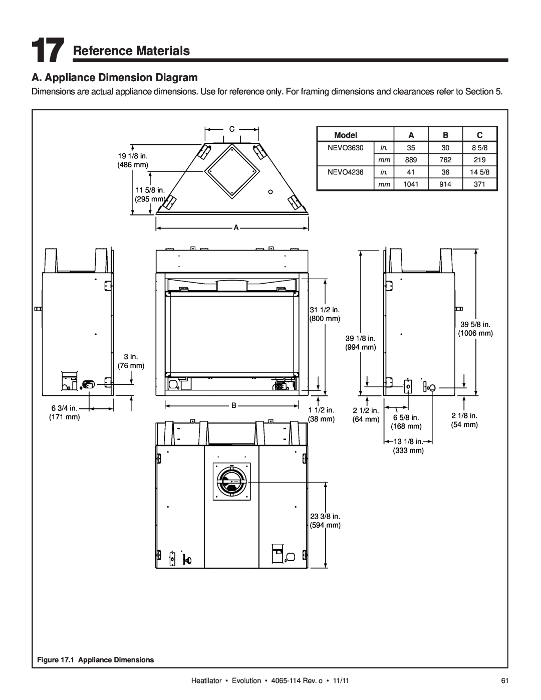 Heatiator NEVO4236I NEVO3630I owner manual Reference Materials, A. Appliance Dimension Diagram, Model, 8 5/8, 14 5/8, 1041 