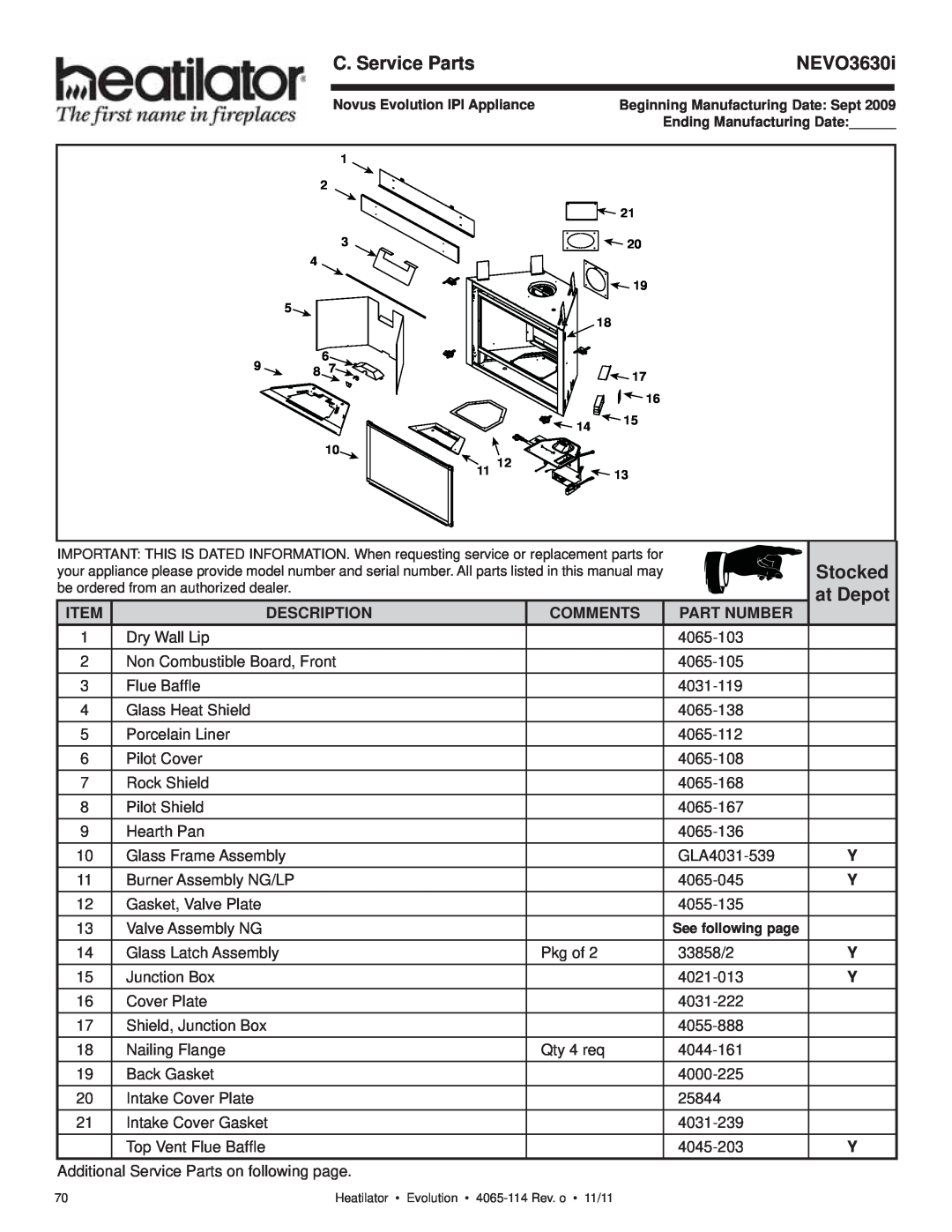 Heatiator NEVO4236I NEVO3630I C. Service Parts, NEVO3630i, Stocked at Depot, Description, Comments, Part Number 