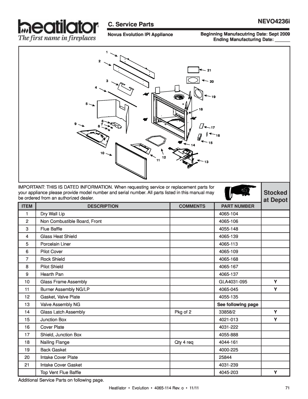 Heatiator NEVO4236I NEVO3630I NEVO4236i, C. Service Parts, Stocked at Depot, Novus Evolution IPI Appliance, Item, Comments 