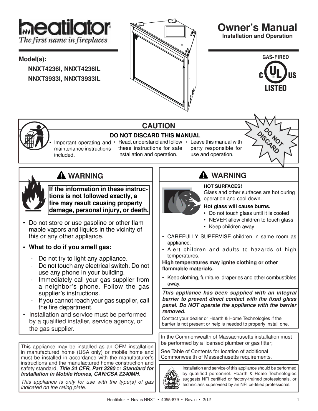 Heatiator NNXT4236IL NNXT3933I, NNXT3933IL owner manual Models, Installation and Operation 