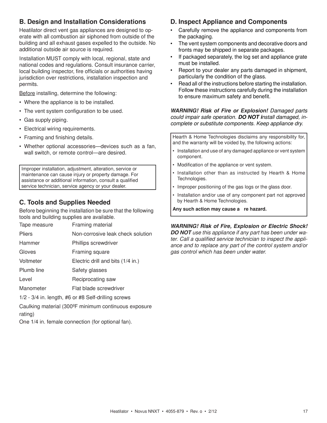 Heatiator NNXT4236I Design and Installation Considerations, Tools and Supplies Needed, Inspect Appliance and Components 