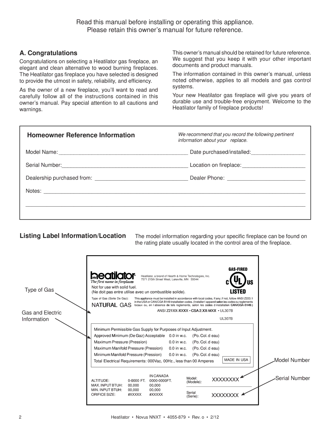 Heatiator NNXT3933IL, NNXT4236IL NNXT3933I owner manual Congratulations, Homeowner Reference Information 