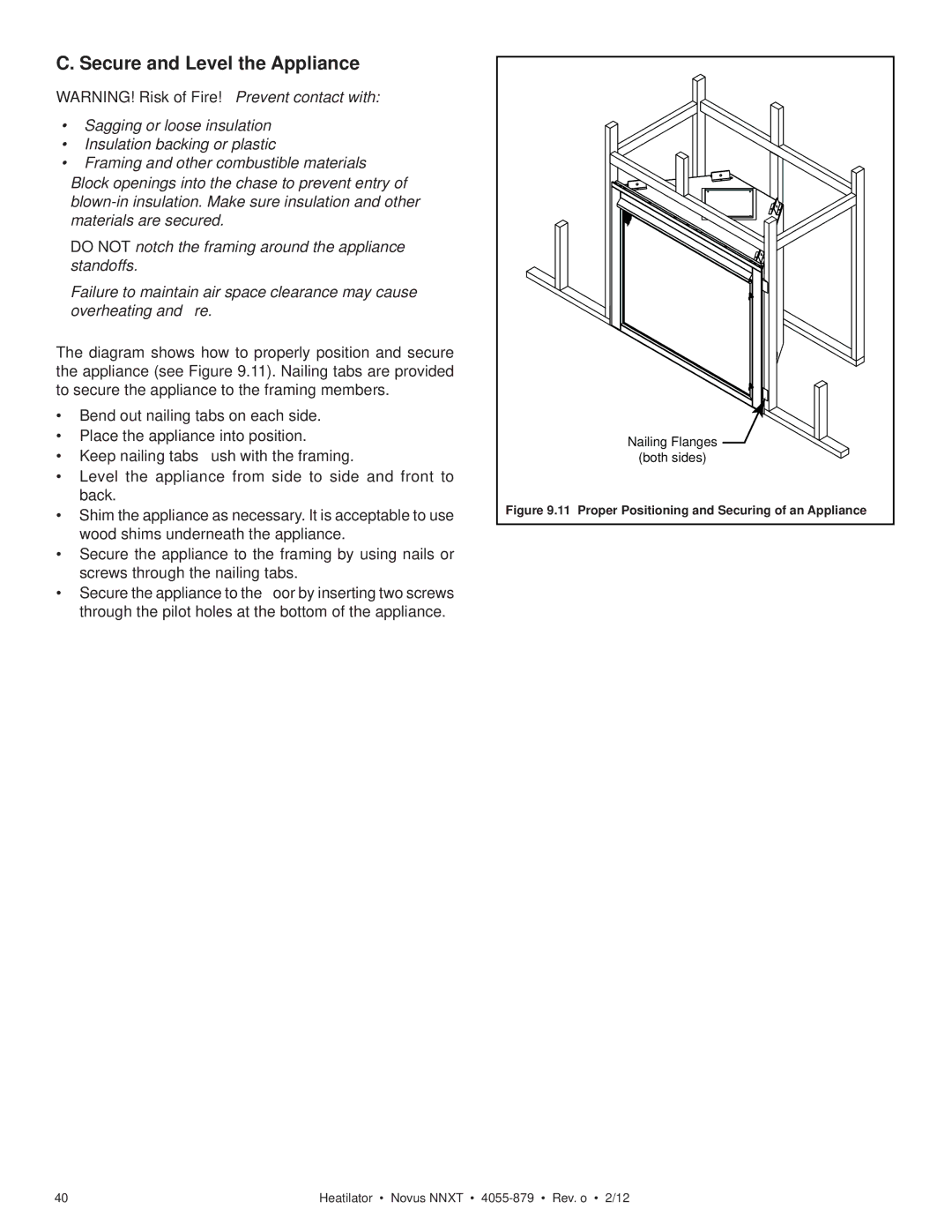 Heatiator NNXT4236IL NNXT3933I, NNXT3933IL Secure and Level the Appliance, Proper Positioning and Securing of an Appliance 