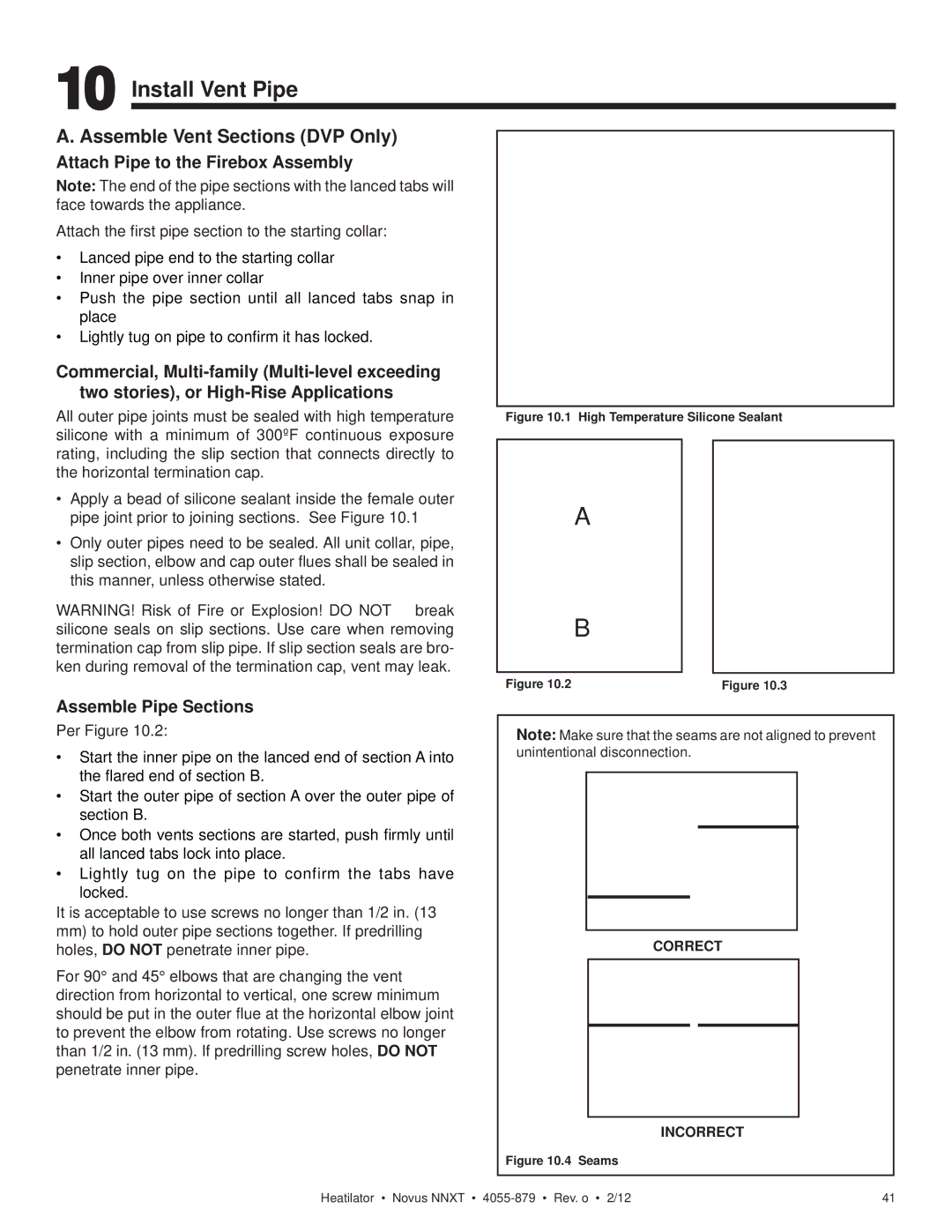 Heatiator NNXT4236I, NNXT3933IL Install Vent Pipe, Assemble Vent Sections DVP Only, Attach Pipe to the Firebox Assembly 