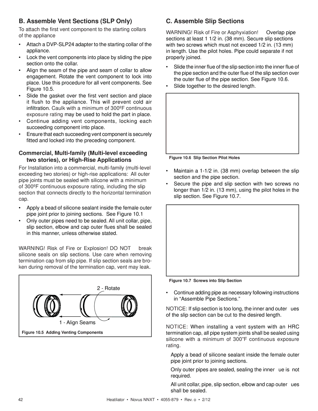 Heatiator NNXT3933IL, NNXT4236IL NNXT3933I owner manual Assemble Vent Sections SLP Only, Assemble Slip Sections 