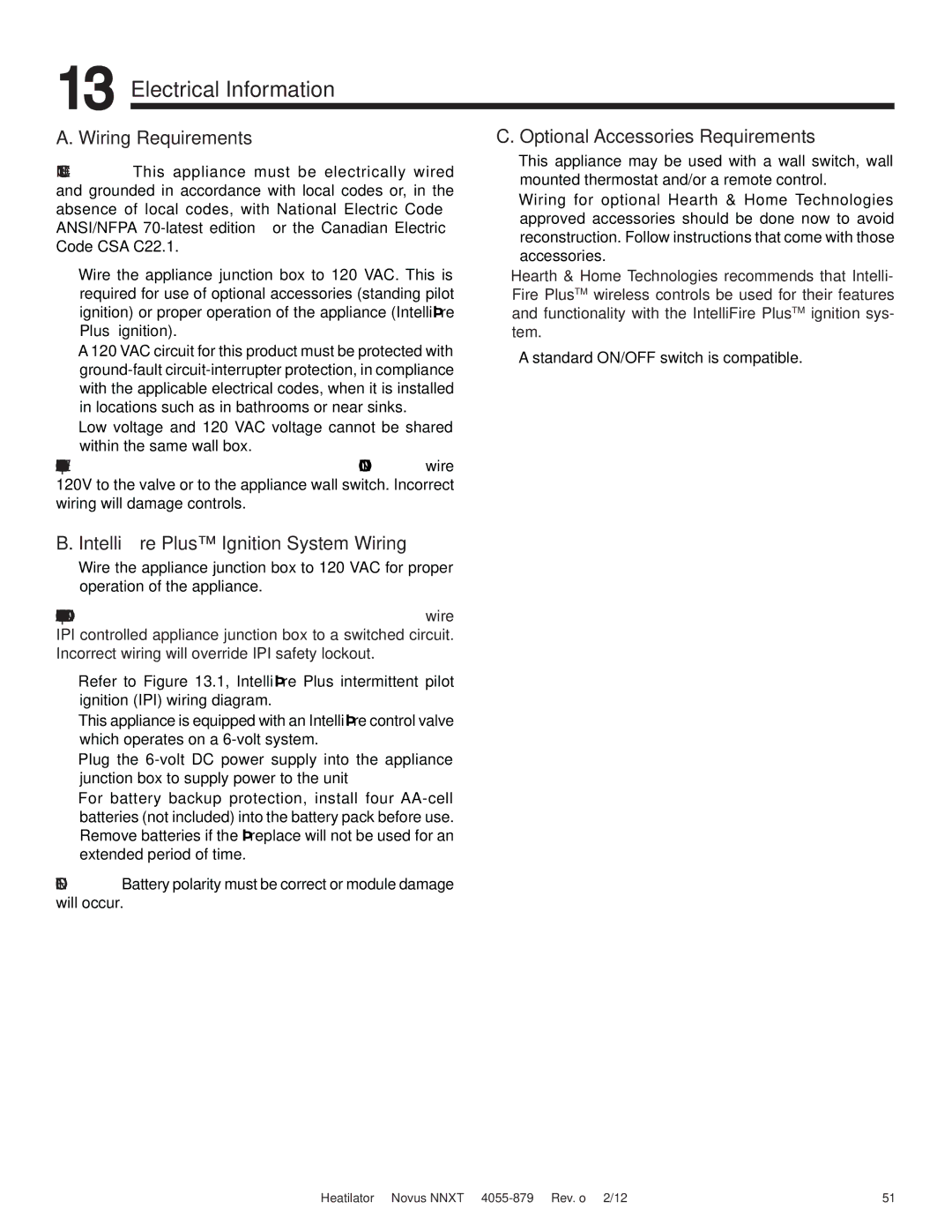 Heatiator NNXT3933IL, NNXT4236I Electrical Information, Wiring Requirements, Intelliﬁre Plus Ignition System Wiring 